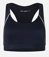 Top deportivo negro de microfibra con espalda estilo nadador y friso contrastante blanco.