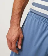 Conjunto de pijama corto para hombre, compuesto por remera de manga corta con cuello redondo y short con cintura elástica. Diseño a rayas horizontales en tonos azul y blanco.