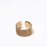 Anillo dorado con múltiples bandas horizontales, algunas lisas y otras con pequeñas esferas.