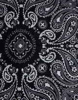 Pañuelo cuadrado negro con estampado paisley en blanco y borde con diseño geométrico.