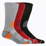Pack de tres pares de calcetines unisex de caña media, con ajuste elástico. Incluye un par gris con detalles en naranja, un par rojo con detalles en gris y un par negro con detalles en gris.