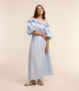 Blusa con escote hombro a hombro, confeccionada en tricolina con estampa rayada, volados en el escote y mangas cortas amplias.