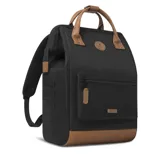 Mochila Cabaia Adventurer Cologne negra con detalles en cuero marrón. Tiene sistema MOLLE, compartimento acolchado para tablet o PC, correa para sujetar a la maleta y tirantes acolchados antitranspirantes.