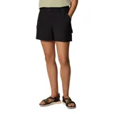 Short de mujer negro, de corte recto y largo medio, con cintura elástica ajustable con cordón y múltiples bolsillos, incluyendo bolsillos cargo laterales y bolsillo de seguridad con cierre.