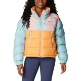 Campera puffer cropped Columbia Pike Lake II, color celeste, rosa y naranja. Cuenta con tecnología térmica reflectante Omni-Heat™, aislamiento de poliéster 100 % reciclado, puños con forro de jersey, protector de mentón, cremallera central delantera de doble dirección, bolsillo interior de seguridad, bolsillos laterales con cremallera, puños elásticos, dobladillo ajustable con ceñidor y tratamiento duradero repelente al agua sin PFC.