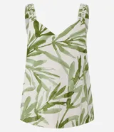 Musculosa femenina confeccionada en una mezcla de viscosa y lino, con estampado de follaje verde sobre fondo crudo. Presenta un cuello en V y breteles anchos con detalle fruncido, ofreciendo un calce regular y fluido.