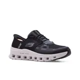 Championes deportivos Skechers Hands Free Slip-ins: Glide-Step Pro, color negro con cordones elásticos y sistema Heel Pillow. Presentan capellada de malla con superposiciones sintéticas termoselladas, plantilla Skechers Air-Cooled Memory Foam y media suela geométrica Glide-Step con amortiguación.
