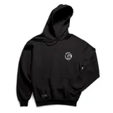 Canguro negro de algodón con capucha y bolsillo delantero. Estampado pequeño en el pecho con la cara de un lobo.