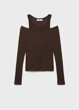 Camiseta negra de manga larga con cuello redondo y hombros descubiertos.