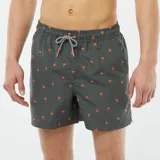 Short de baño gris con estampado de palmeras color naranja, cintura elástica con cordón ajustable blanco y negro.