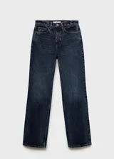 Pantalón de jean azul oscuro de corte recto, tiro alto y cinco bolsillos.