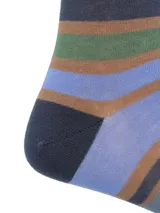 Calcetines de vestir a rayas horizontales en tonos azul, gris, marrón y verde, con logo de pato bordado.