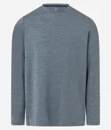 Remera deportiva de manga larga para hombre, color gris azulado jaspeado, con cuello redondo y costuras visibles en hombros y cuello.