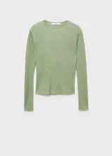 Buzo verde agua de tejido de punto de canalé fino, con cuello redondo, diseño entallado y mangas largas.