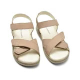 Sandalias bajas de cuero sintético negro con ajuste de velcro en el tobillo y en el empeine.