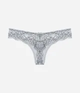 Bombacha bikini gris claro con encaje floral negro y moño negro en el centro.
