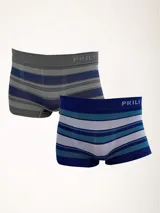 Pack de dos boxers de microfibra sin costuras, uno gris con rayas horizontales azules y otro azul con rayas horizontales celestes y verde agua. Ambos con logo de la marca en la cintura.