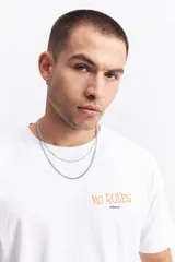 Remera de manga corta color verde menta, con escote redondo y fit regular. Presenta un estampado en la espalda con la frase "NO RULES! BREAK THE RULES" y un diseño abstracto en tonos azules y blancos.