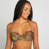 Sujetador de bikini con estampado de flores en tonos azul, verde, amarillo y marrón.