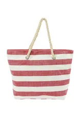 Bolso tipo tote bag con diseño a rayas horizontales rojas y blancas, con asas de soga.