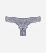 Bombacha bikini hilo color rosa con encaje floral y moña en la cintura.