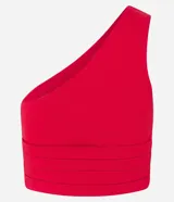 Blusa cropped de bengalina color celeste, con escote de un solo hombro, bretel ancho, cierre lateral y recortes en la cintura.