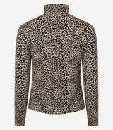 Blusa de manga larga ajustada al cuerpo con cuello alto y estampado de leopardo en tonos beige y negro.