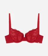 Soutien blanco de encaje con aro, breteles ajustables y cierre en la espalda.