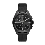 Reloj Emporio Armani modelo Claudio Dress, con caja de acero inoxidable negra de 43mm y esfera negra con subesferas de cronógrafo y ventana de fecha. Correa de cuero negro con cierre desplegable.