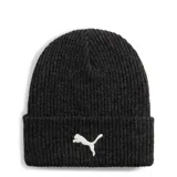 Gorro de lana Puma Classics Elevate Beanie color beige con logo bordado en blanco.