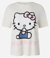 Blusa de pijama de poliéster color blanco, con cuello redondo, mangas cortas y estampado de Hello Kitty.