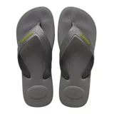 Ojotas Havaianas Top Max Comfort, de goma color gris claro, con tira de dedo gris oscuro con el logo de la marca en naranja.