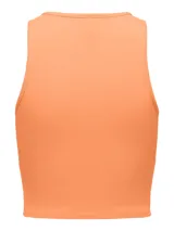 Top corto color naranja, de tejido acanalado, con cuello redondo y sin mangas.
