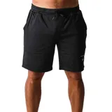 Bermuda deportiva negra, con cintura elástica ajustable con cordón, bolsillos laterales con cierre y logo de la marca estampado en blanco en la pierna izquierda.