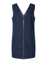 Vestido corto de denim azul oscuro, sin mangas, con cuello en V y cierre frontal con cremallera.