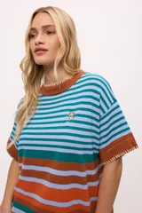 Vestido largo tejido a rayas horizontales en tonos beige, marrón, negro y rojo. Tiene cuello redondo, mangas cortas y tajos laterales.