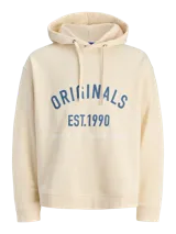 Canguro oversize color blanco roto con capucha y cordones ajustables. Presenta un estampado frontal en azul con la palabra "ORIGINALS" y "EST.1990", y texto más pequeño "CONTEMPORARY EDIT. DESIGNED IN COPENHAGEN". Tiene bolsillo canguro y puños y dobladillo acanalados.