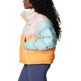Campera puffer cropped Columbia Pike Lake II, color celeste, rosa y naranja. Cuenta con tecnología térmica reflectante Omni-Heat™, aislamiento de poliéster 100 % reciclado, puños con forro de jersey, protector de mentón, cremallera central delantera de doble dirección, bolsillo interior de seguridad, bolsillos laterales con cremallera, puños elásticos, dobladillo ajustable con ceñidor y tratamiento duradero repelente al agua sin PFC.