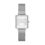 Reloj Rosefield modelo The Boxy XS QMWMS-Q038, con caja cuadrada de acero plateado, esfera blanca con función de fecha y malla de acero inoxidable plateada.