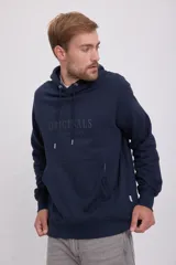 Hoodie azul marino tipo canguro de manga larga con capucha y fit regular. Cuenta con un bolsillo y cordón ajustable con terminales metálicas con el logo de la marca.