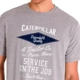 Remera gris de manga corta con estampa frontal del logo de Caterpillar y texto en color blanco.