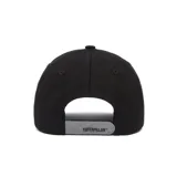 Gorro de béisbol negro con logo de Caterpillar en gris reflectivo y detalle amarillo en la parte trasera.