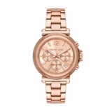Reloj Michael Kors modelo Maren, color oro rosa, con caja redonda de 40mm, cronógrafo, indicador de fecha y pulsera de acero inoxidable con cierre plegable.