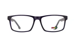 Armazón para lentes de receta rectangular, color azul oscuro, con logo de la marca en el lateral.
