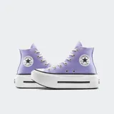 Championes Converse Chuck Taylor All Star Lift Double Stack color lila con plataforma blanca y cordones blancos.