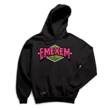 Canguro negro con capucha y bolsillo delantero, con estampado frontal del logo de la marca Emexem en rosa y verde.