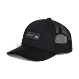 Gorra Adidas Snap Trucker color negro con paneles frontales rígidos, visera curva y paneles traseros de malla. Presenta logo de Adidas en etiqueta cosida en el frente.