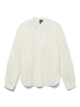 Camisa blanca de manga larga con cuello en V, cierre frontal con botones, puños abotonados y bordado floral.