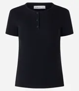 Blusa marrón de rib con cuello redondo y botones.
