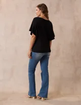 Blusa negra de algodón texturado, marca Ruby Rd, con manga corta amplia y cuello redondo.